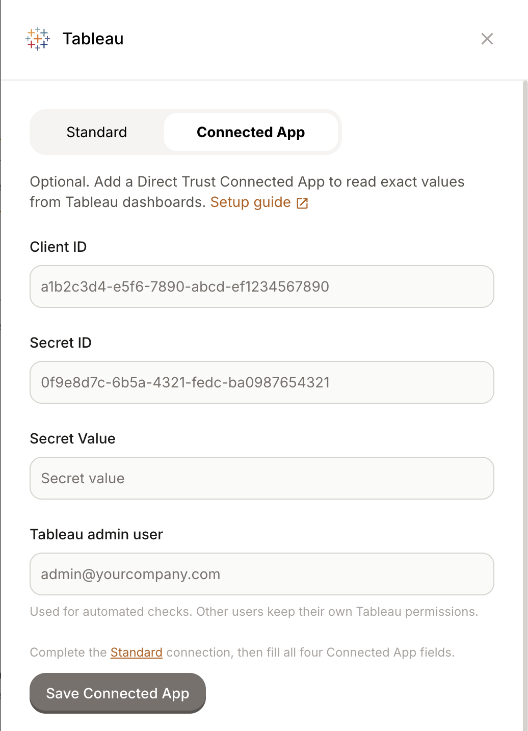 Connected App fields in the Tableau connection in Dot