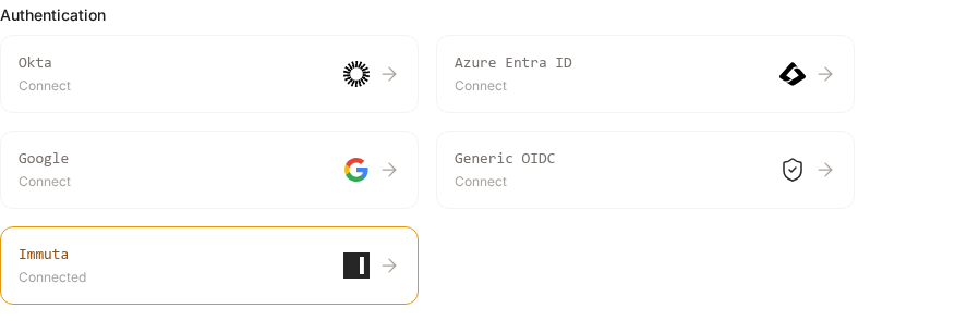 The Immuta card in the Authentication section of Connections