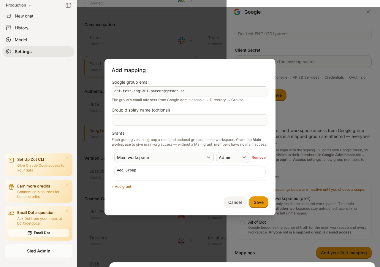 The Add mapping dialog with the Google group email, display name, and a grant targeting the Main workspace with the Admin role