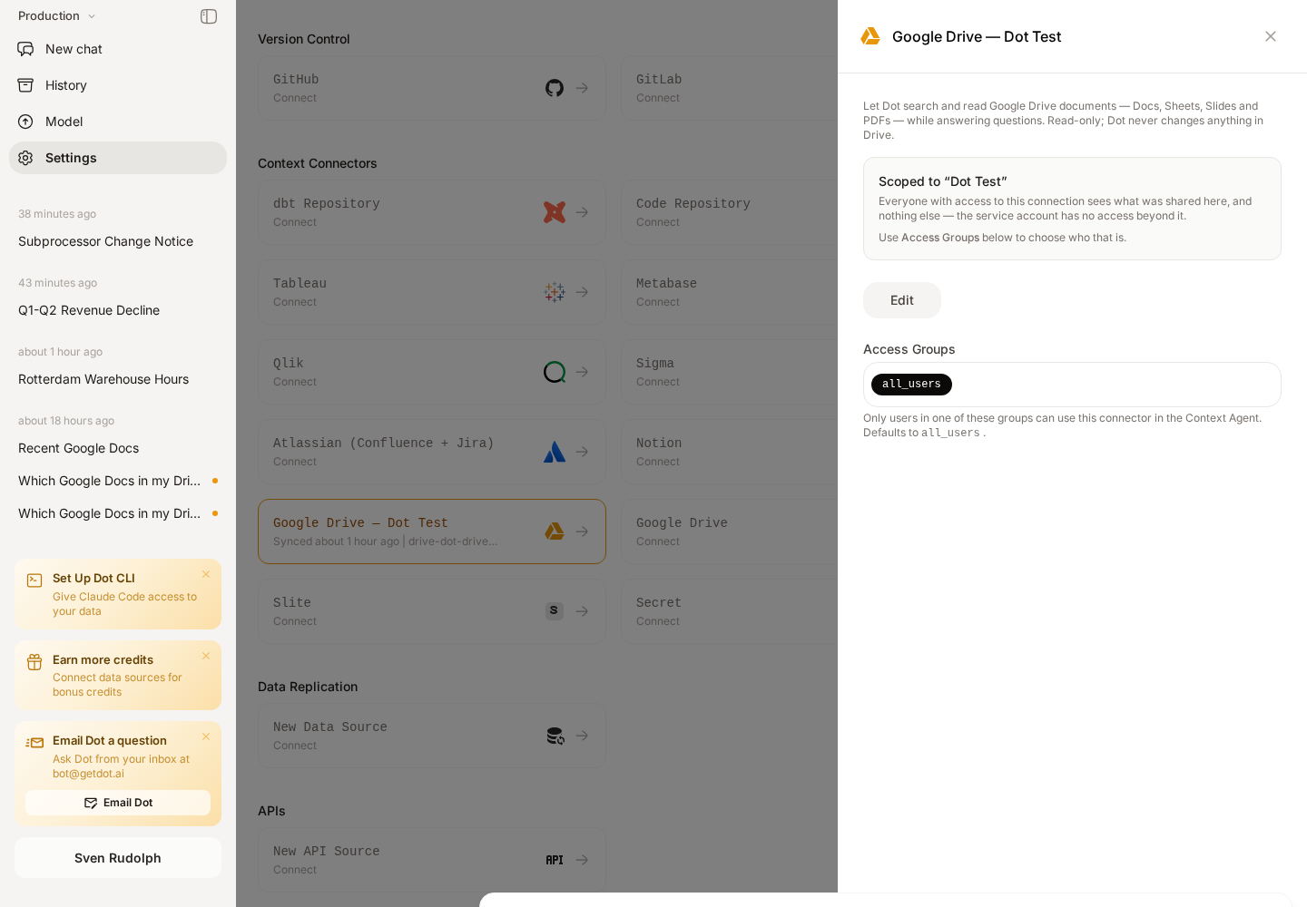 A connected Google Drive card in Dot, showing the folder it is scoped to and the access groups that may use it