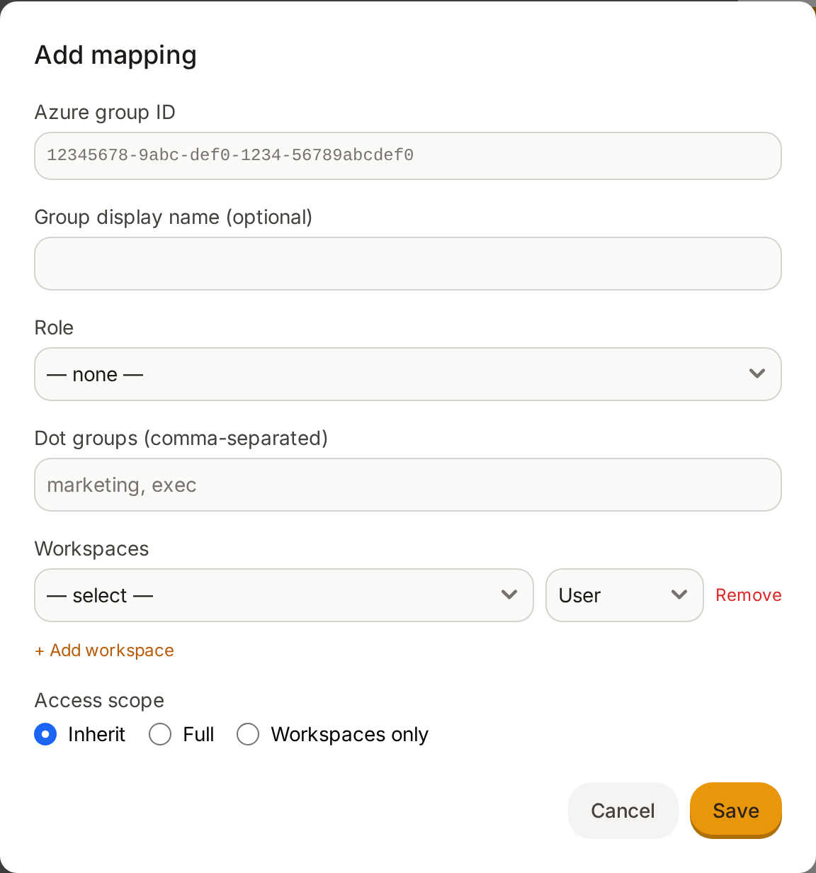 The Add mapping dialog with fields for Azure group ID, role, Dot groups, workspaces, and access scope