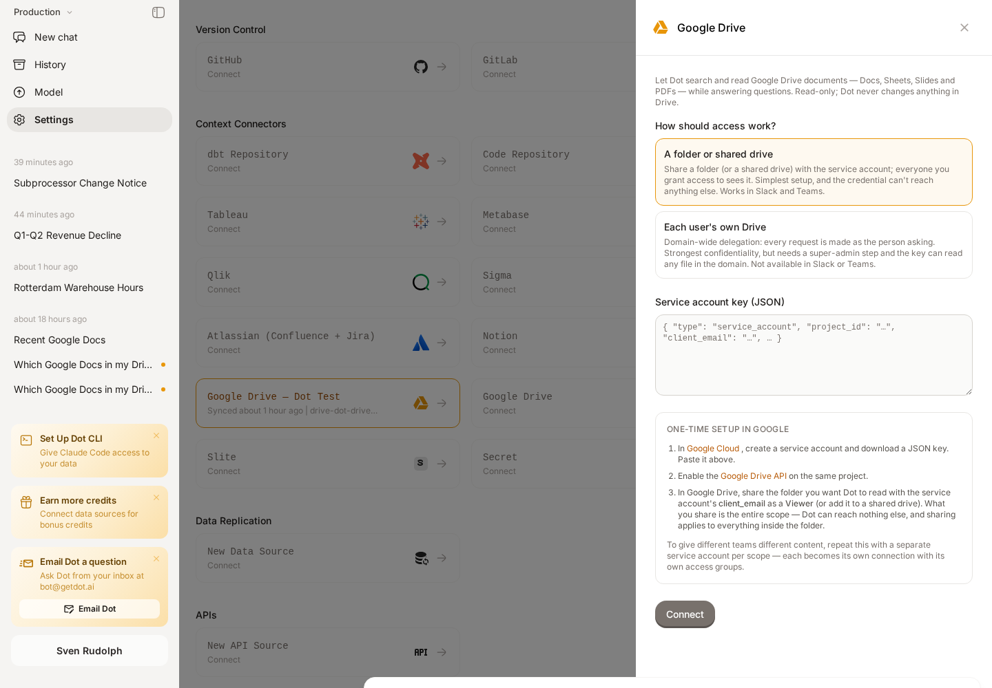 The Google Drive connection form in Dot, showing the choice between one shared drive and each user's own Drive, with the service account key field and setup steps