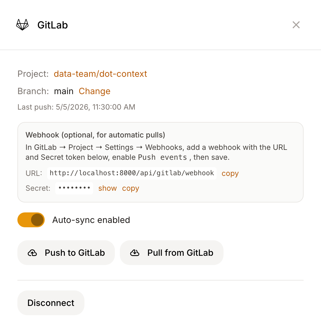 GitLab sync configured state showing webhook URL and secret