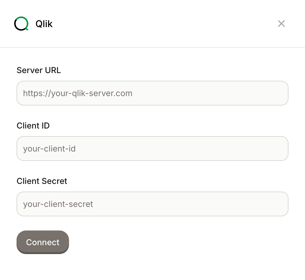 The Qlik connection form in Dot, with Server URL, Client ID, and Client Secret fields