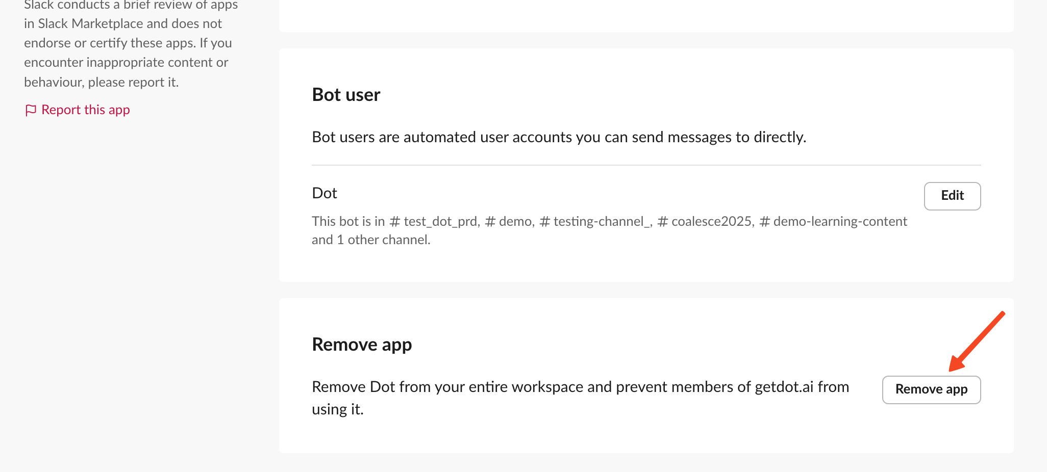 The Slack app configuration page showing which channels Dot is in and the Remove App button