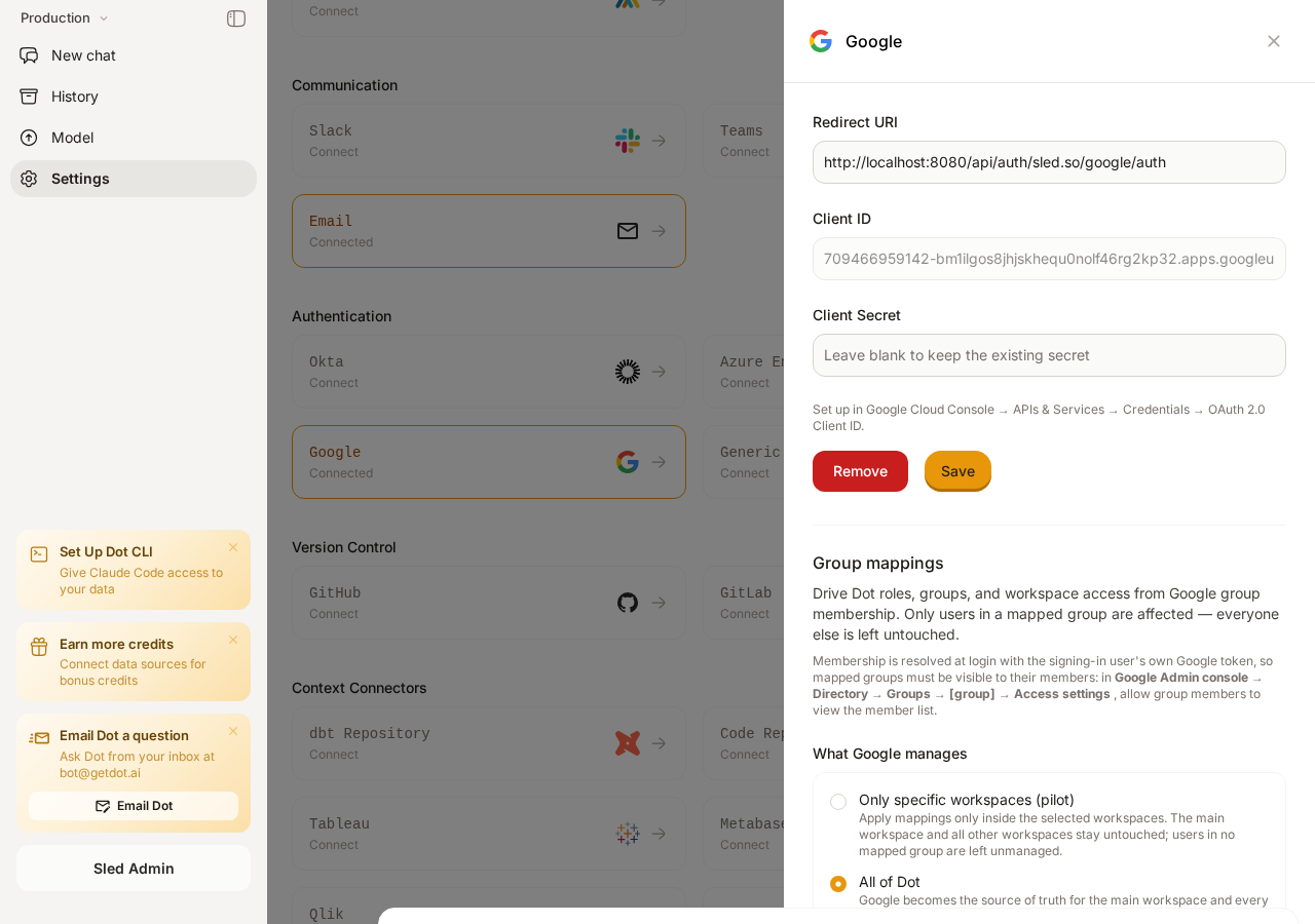The Google card with SSO credentials, the group mappings section, and rollout controls