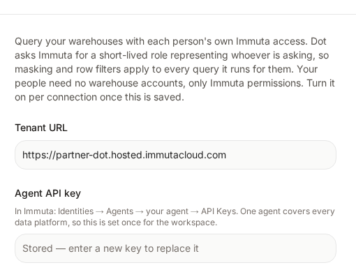 The Immuta card holding a tenant URL and a stored agent key