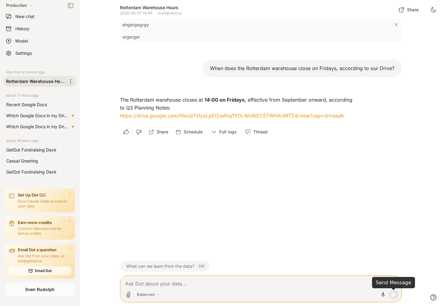 Dot answering a question from a document in Drive, with a link back to the source file
