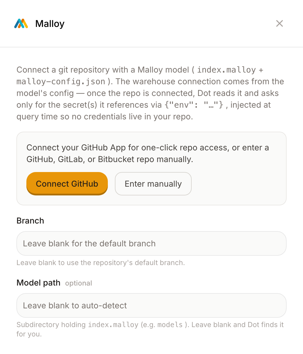 The Malloy connection form in Dot, connecting a git repository that holds a Malloy model