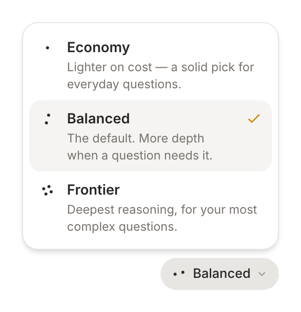 The energy mode selector showing Economy, Balanced, and Frontier