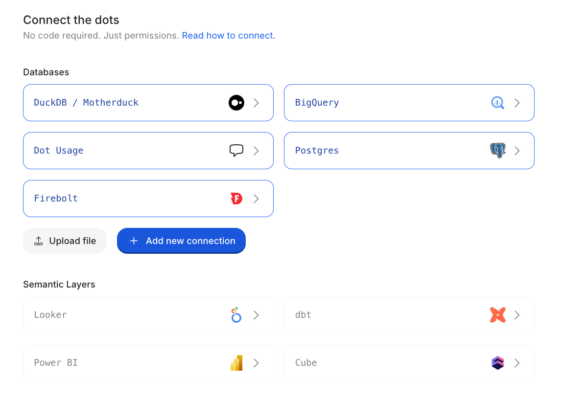 Connect databases like Snowflake, BigQuery, Postgres, or semantic layers like dbt, Looker, and Power BI
