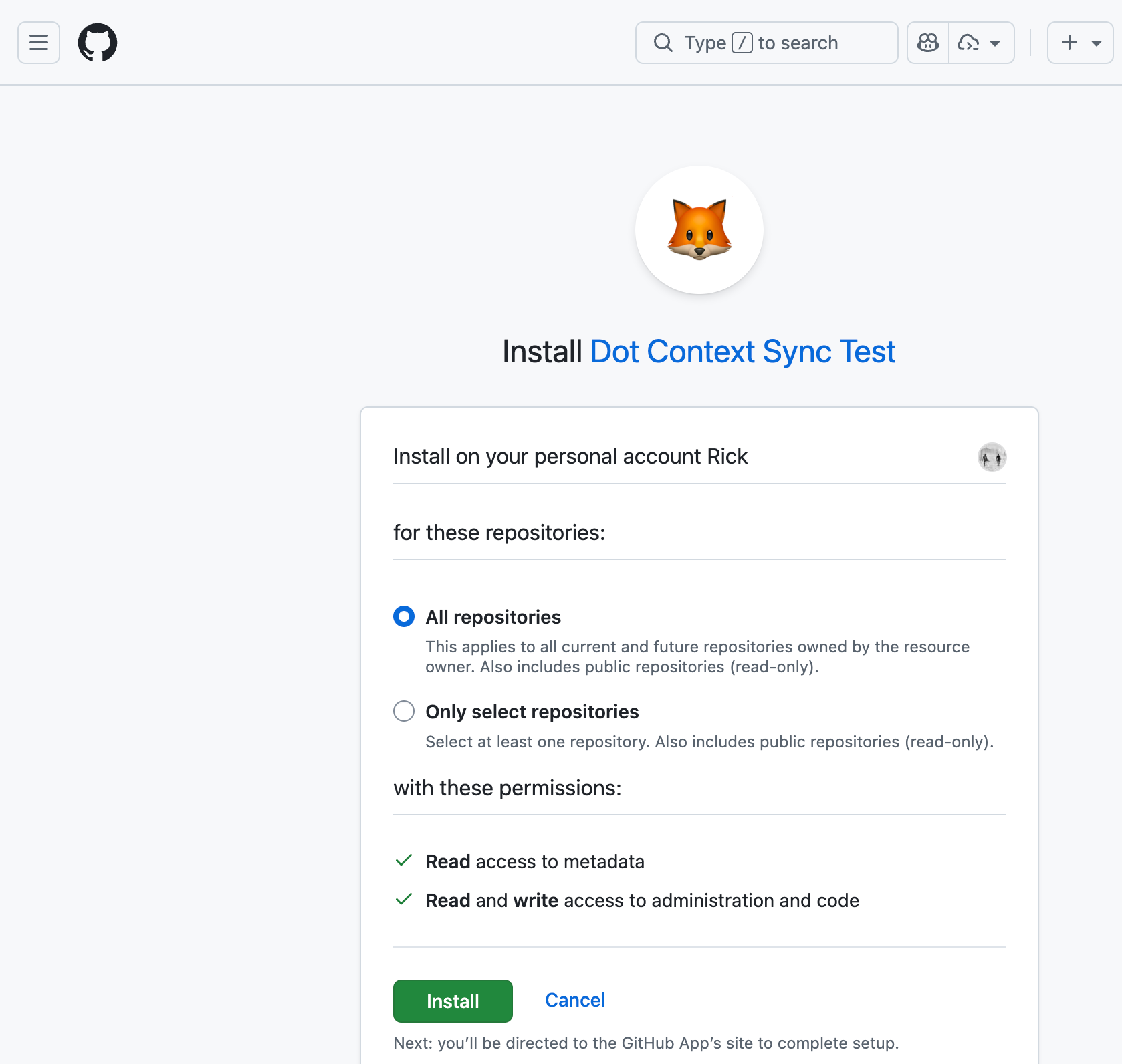 GitHub App installation page