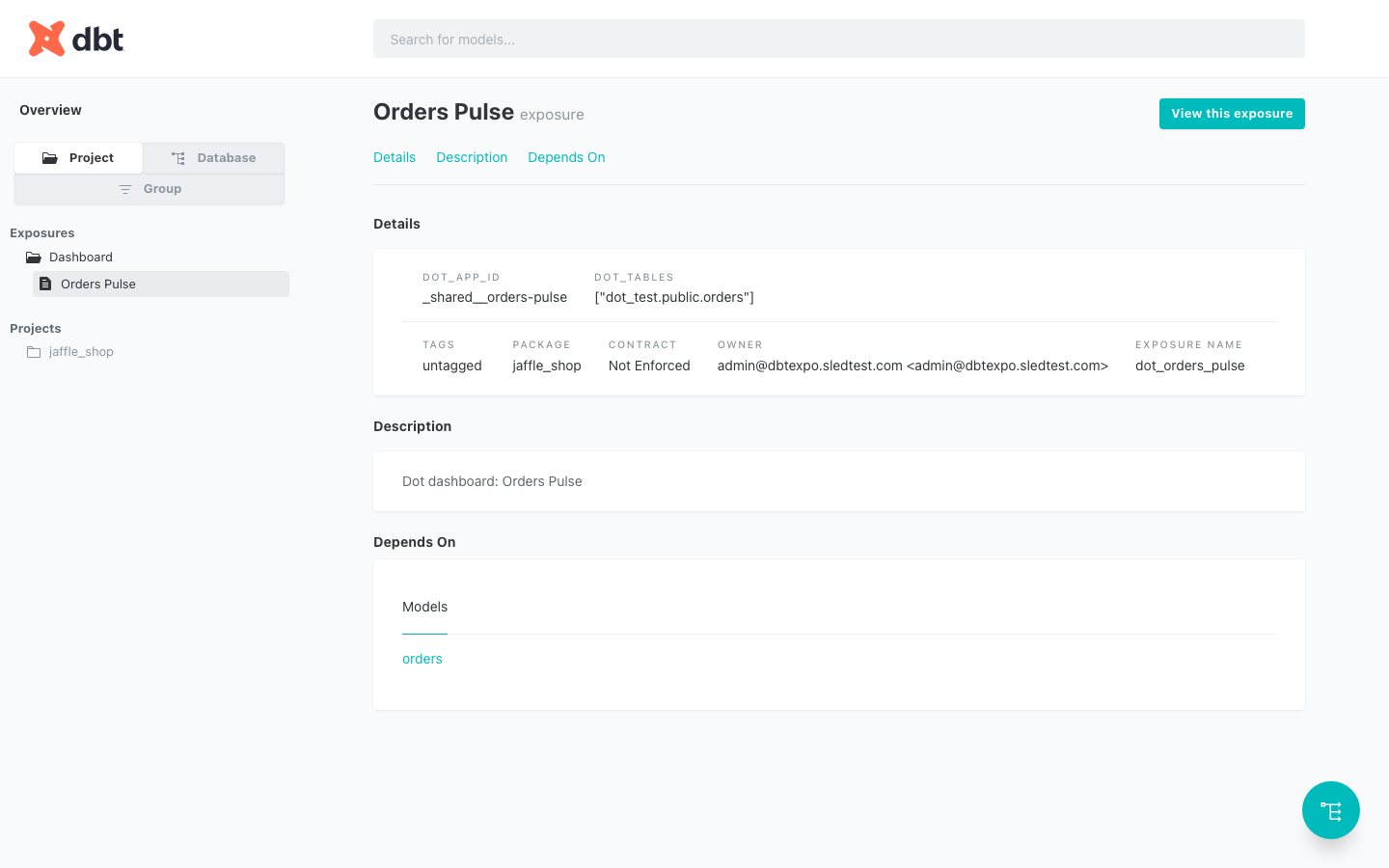 A Dot dashboard rendered as a dbt exposure in dbt docs, showing its owner, the dot_app_id and dot_tables metadata, and the orders model under Depends On