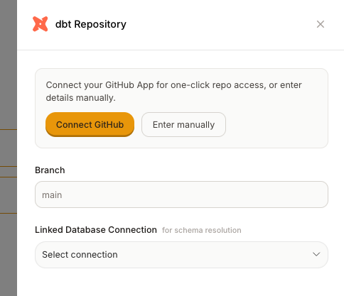 dbt Repository connection form showing Connect GitHub button, branch field, and linked database connection dropdown