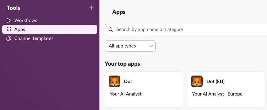 Slack Apps page showing Dot in the list