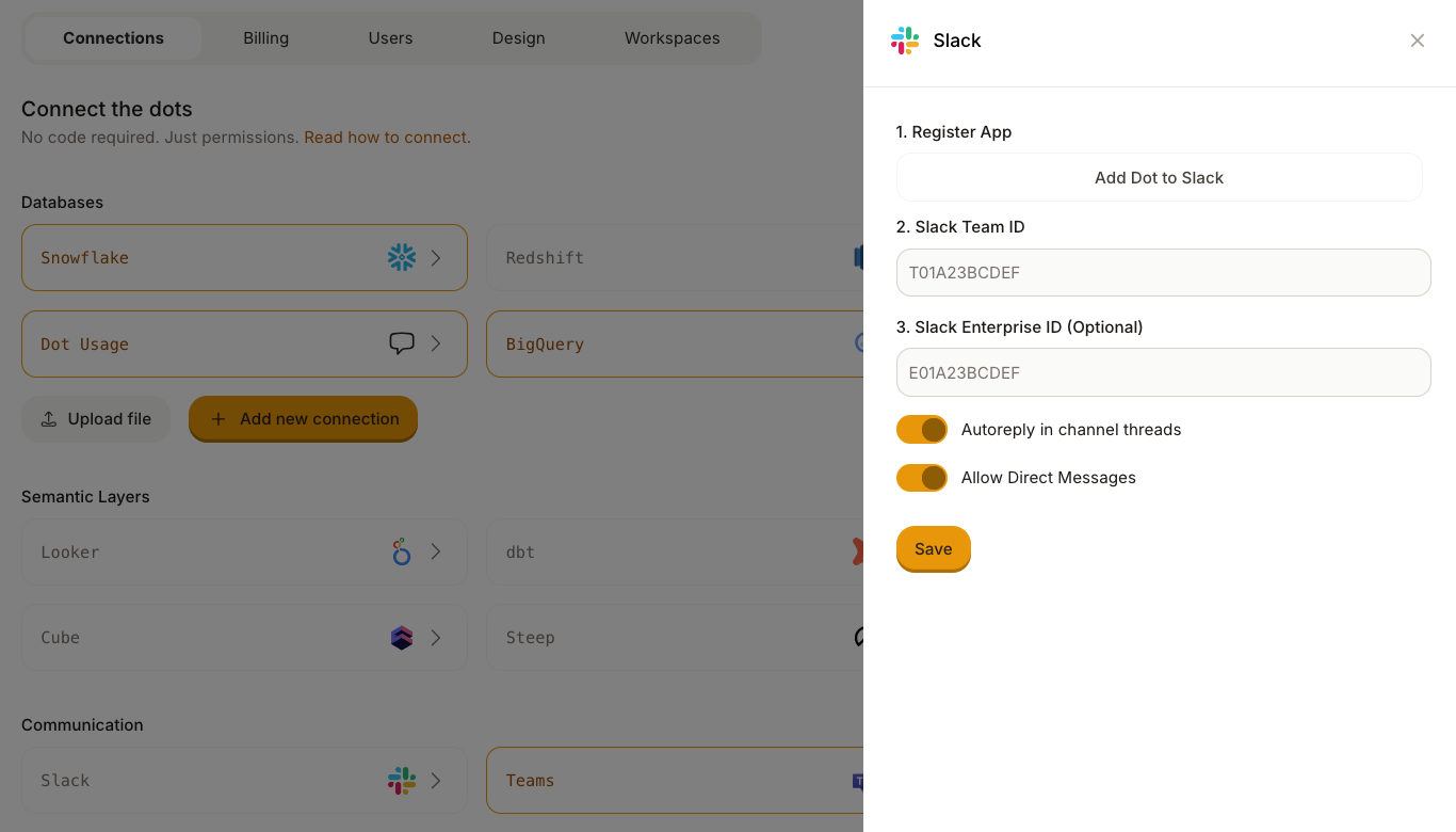 Dot Settings page showing the Slack integration panel